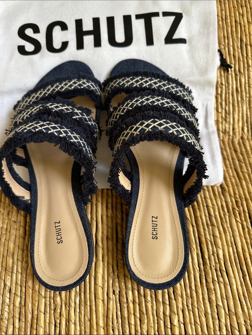 SCHUTZ Navy Fringed Multi-Strap Slide Mules